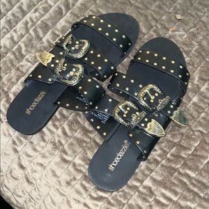 Black and Gold Studded Sandals